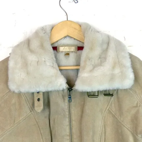 VTG Wilsons Suede Leather Bomber Aviator Flight Jacket Womens L Fur Lined Beige